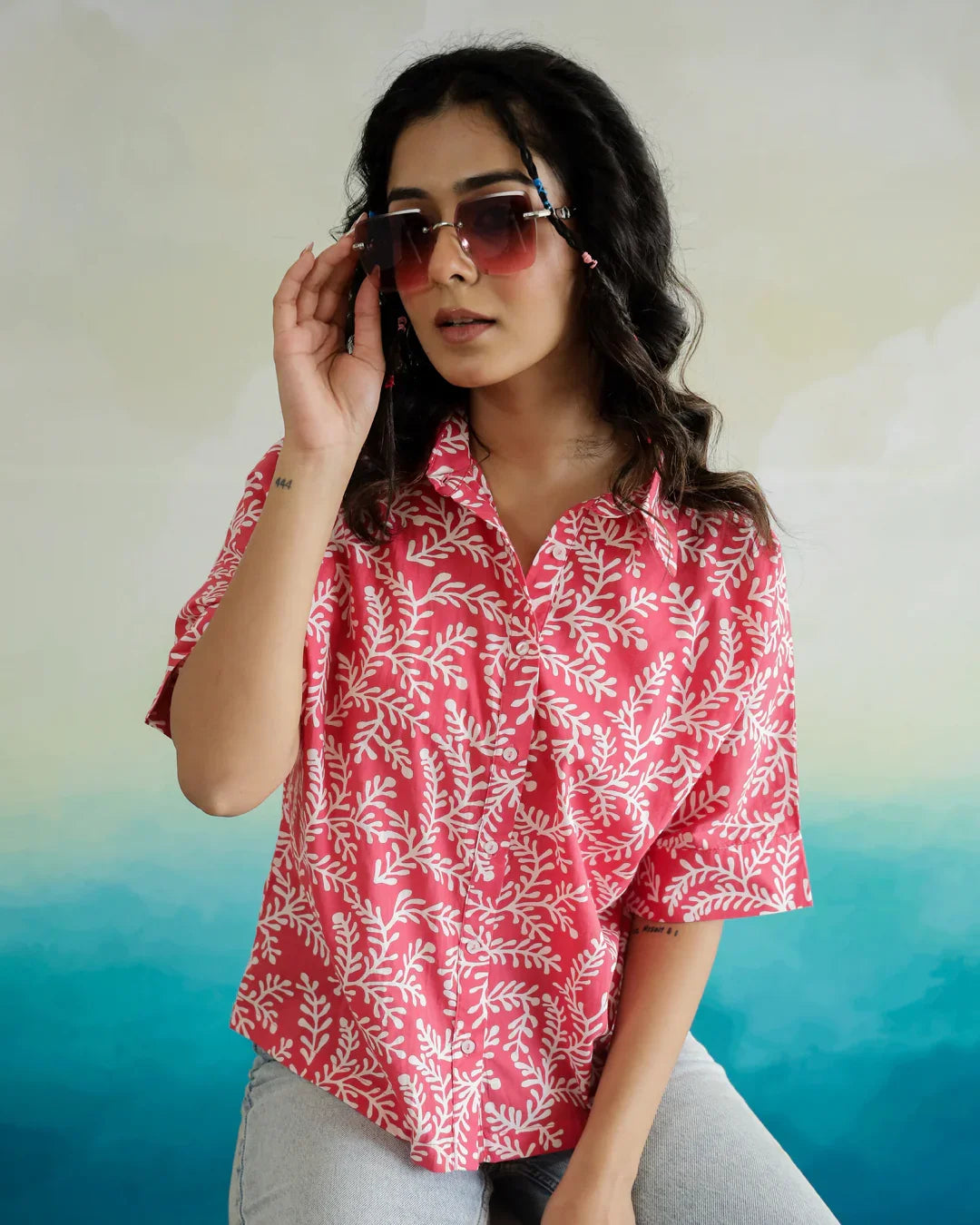 Pink Cotton Printed Top for Women - SanskrutiHomes