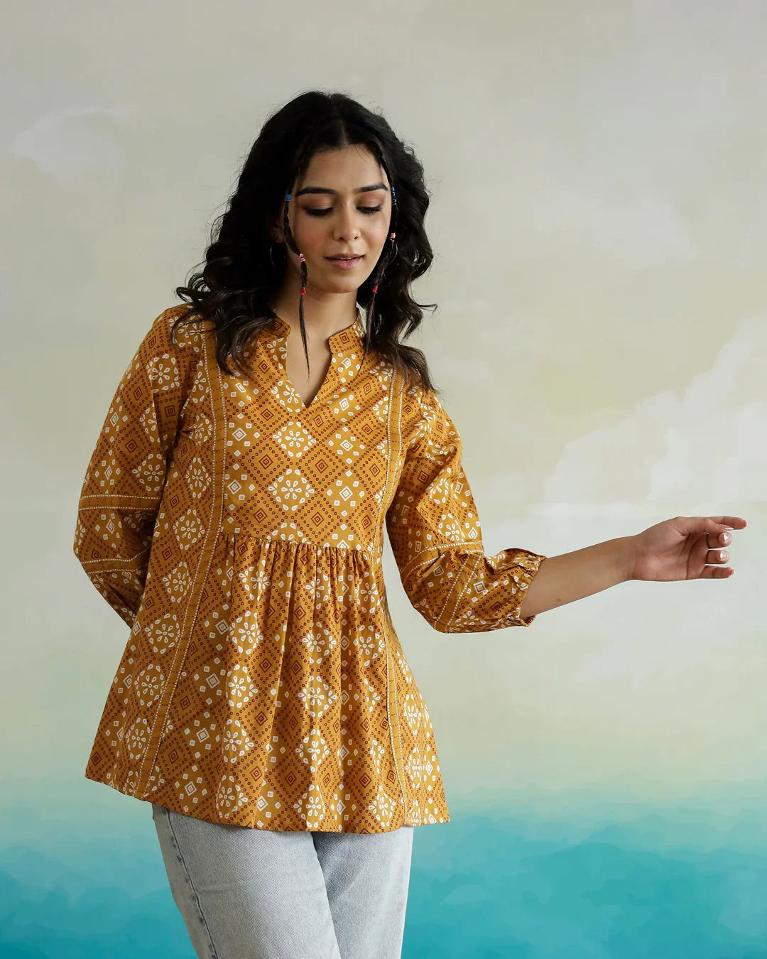 Yellow Printed V-Neck Cotton Top - SanskrutiHomes