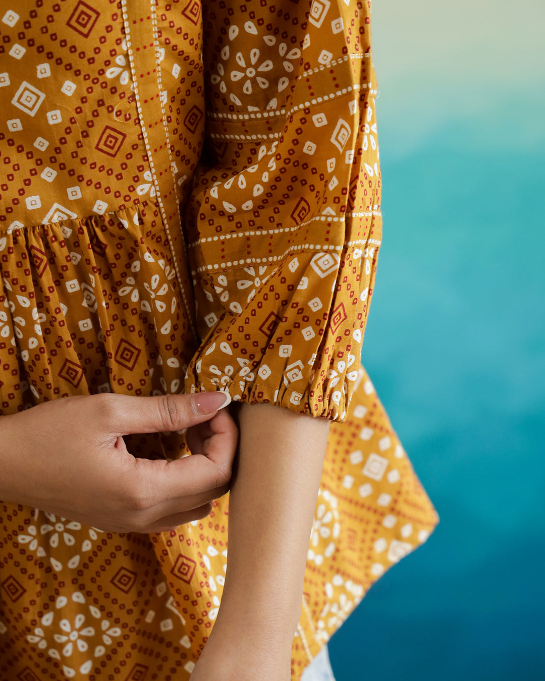 Yellow Printed V-Neck Cotton Top