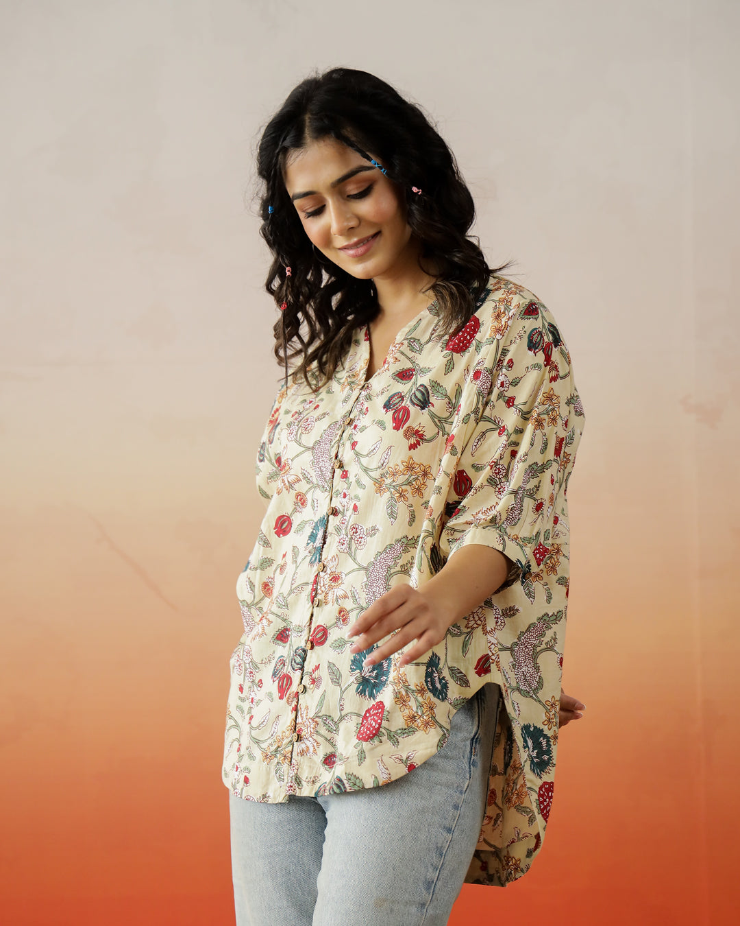 Beige Floral Printed Top for Women - SanskrutiHomes