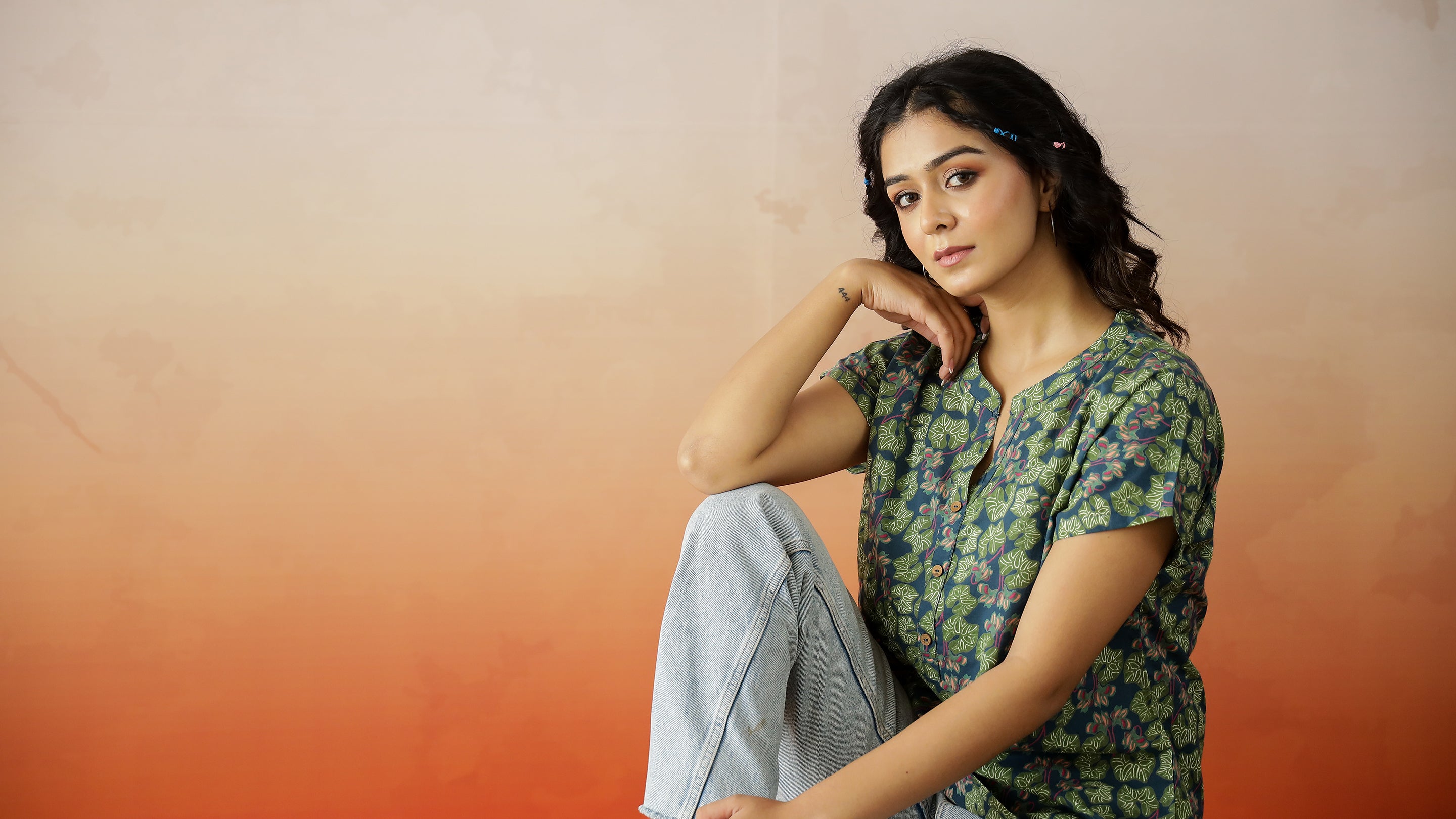 Green Flower Printed Cotton Top