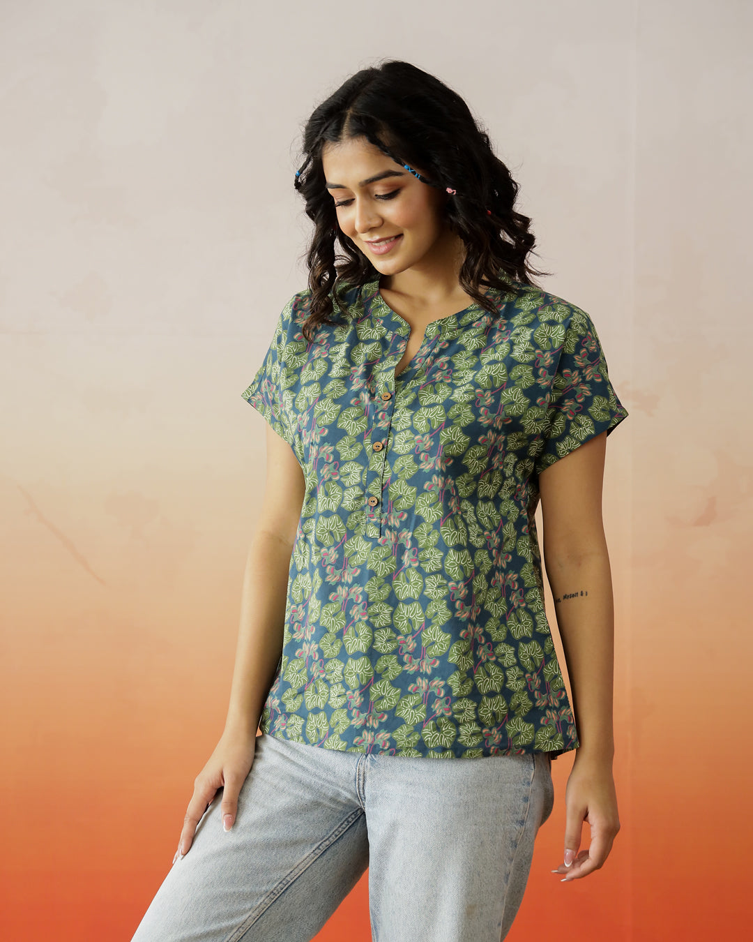 Green Flower Printed Cotton Top