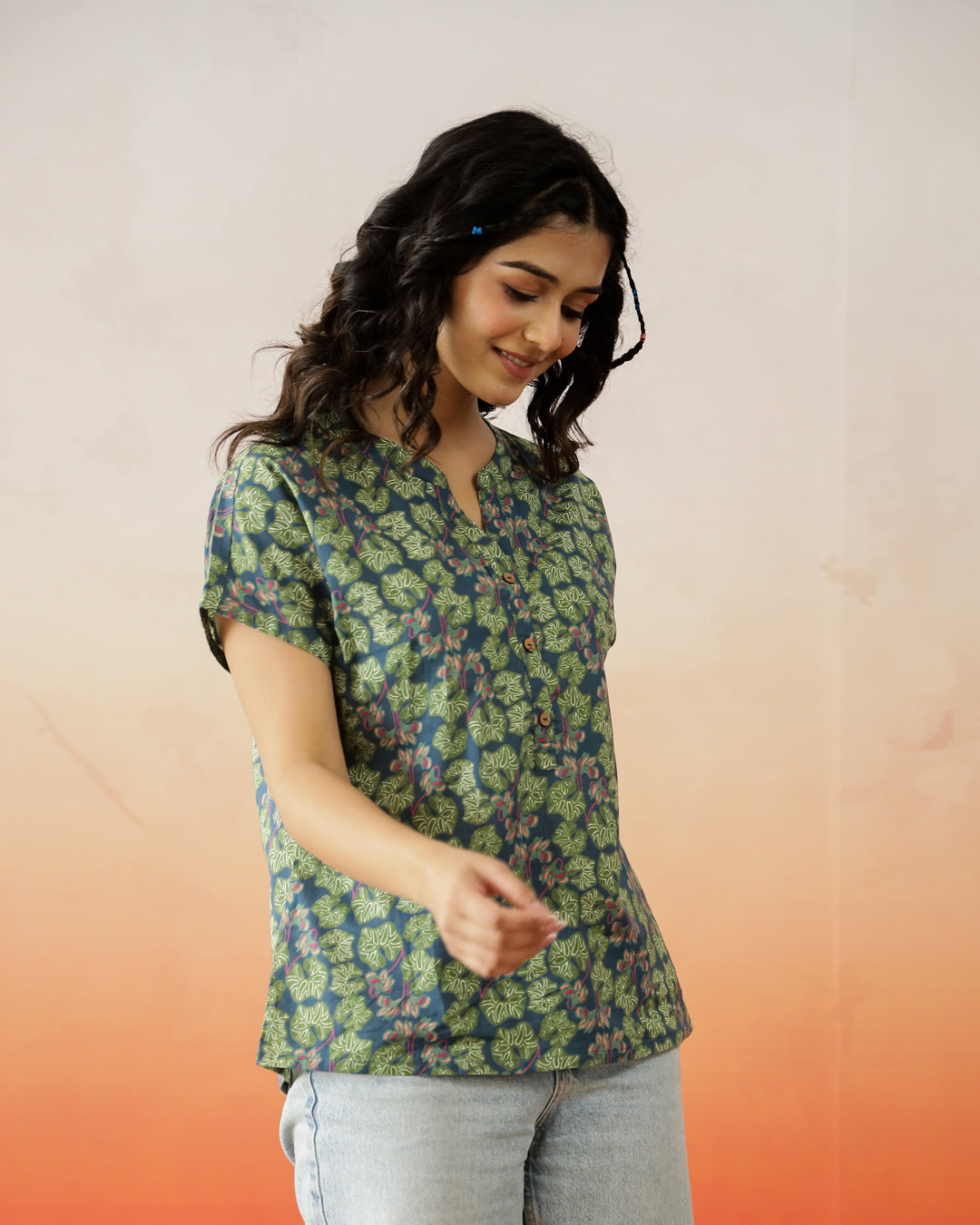 Green Flower Printed Cotton Top