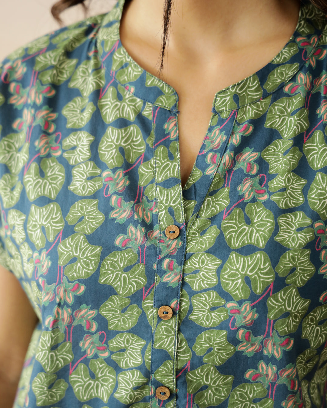 Green Flower Printed Cotton Top