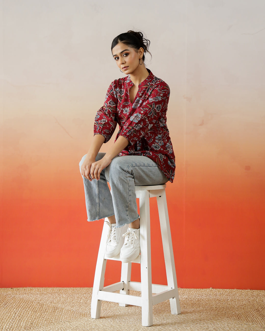 Red Flower Printed V-Neck Top