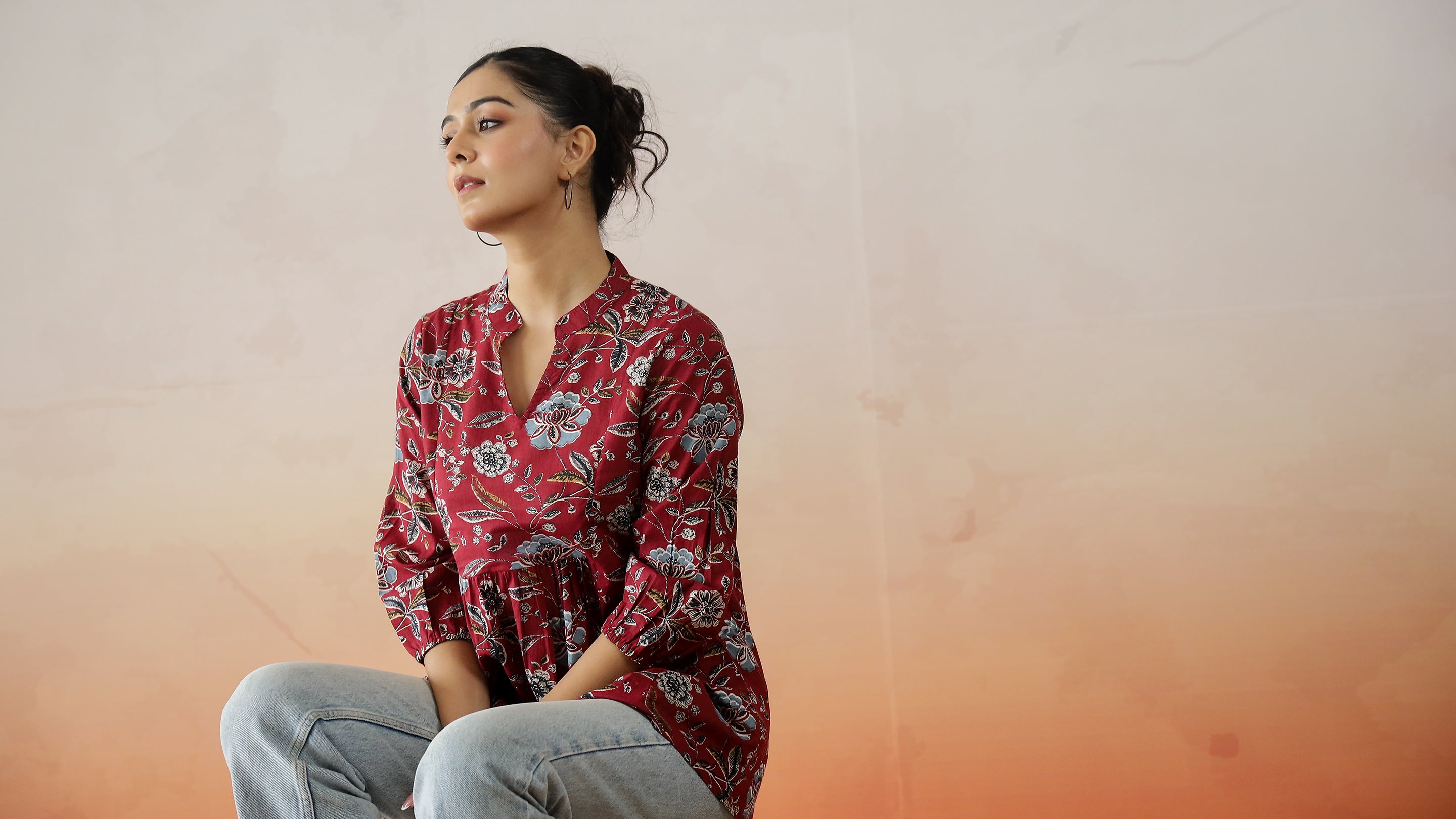 Red Flower Printed V-Neck Top
