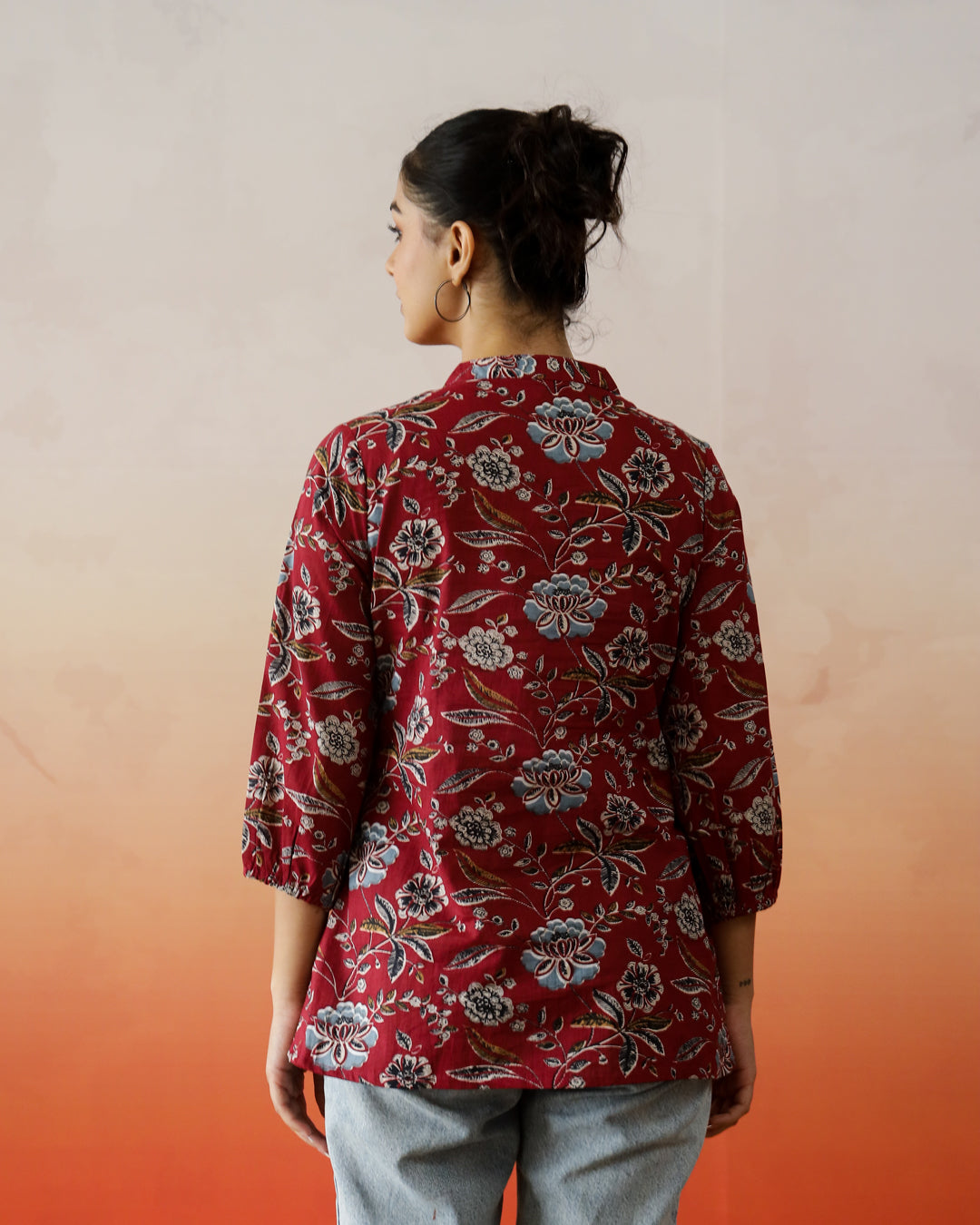 Red Flower Printed V-Neck Top