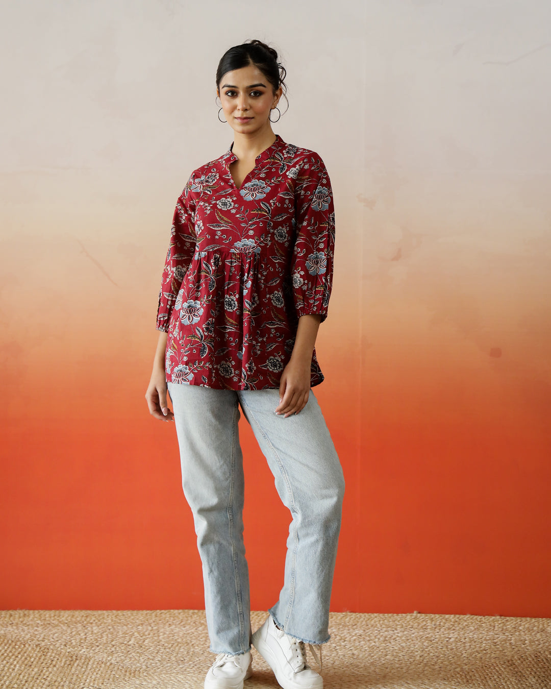 Red Flower Printed V-Neck Top