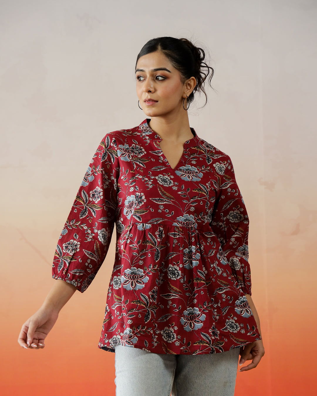 Red Flower Printed V-Neck Top