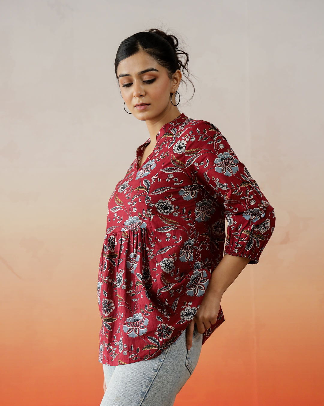 Red Flower Printed V-Neck Top
