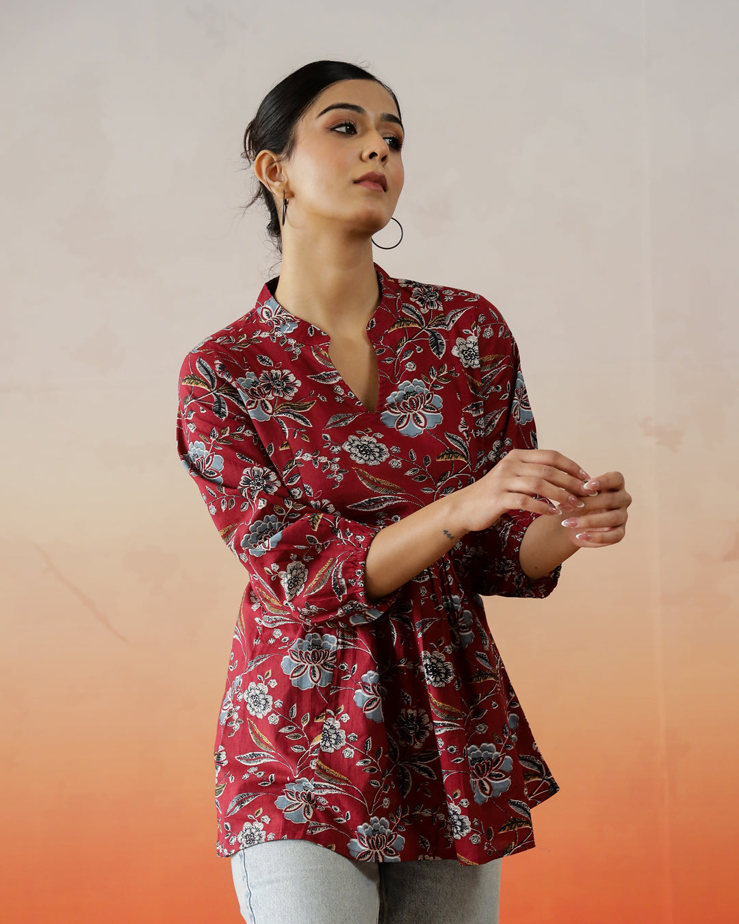 Red Flower Printed V-Neck Top