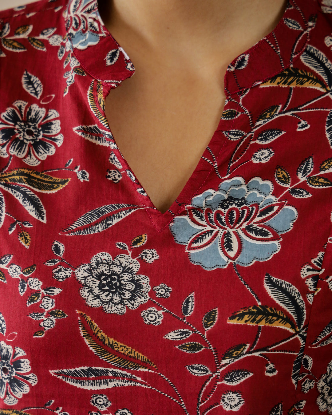 Red Flower Printed V-Neck Top