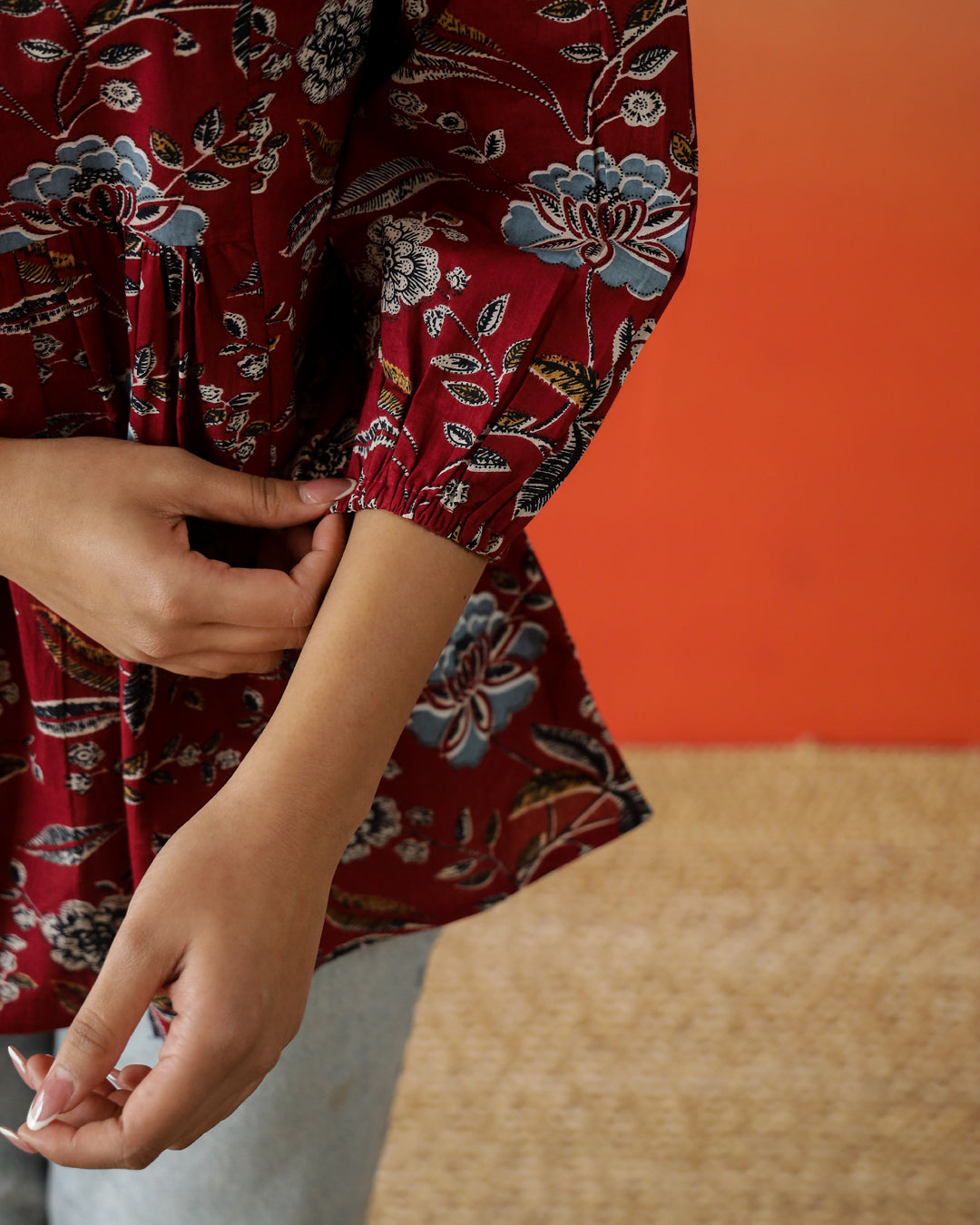 Red Flower Printed V-Neck Top