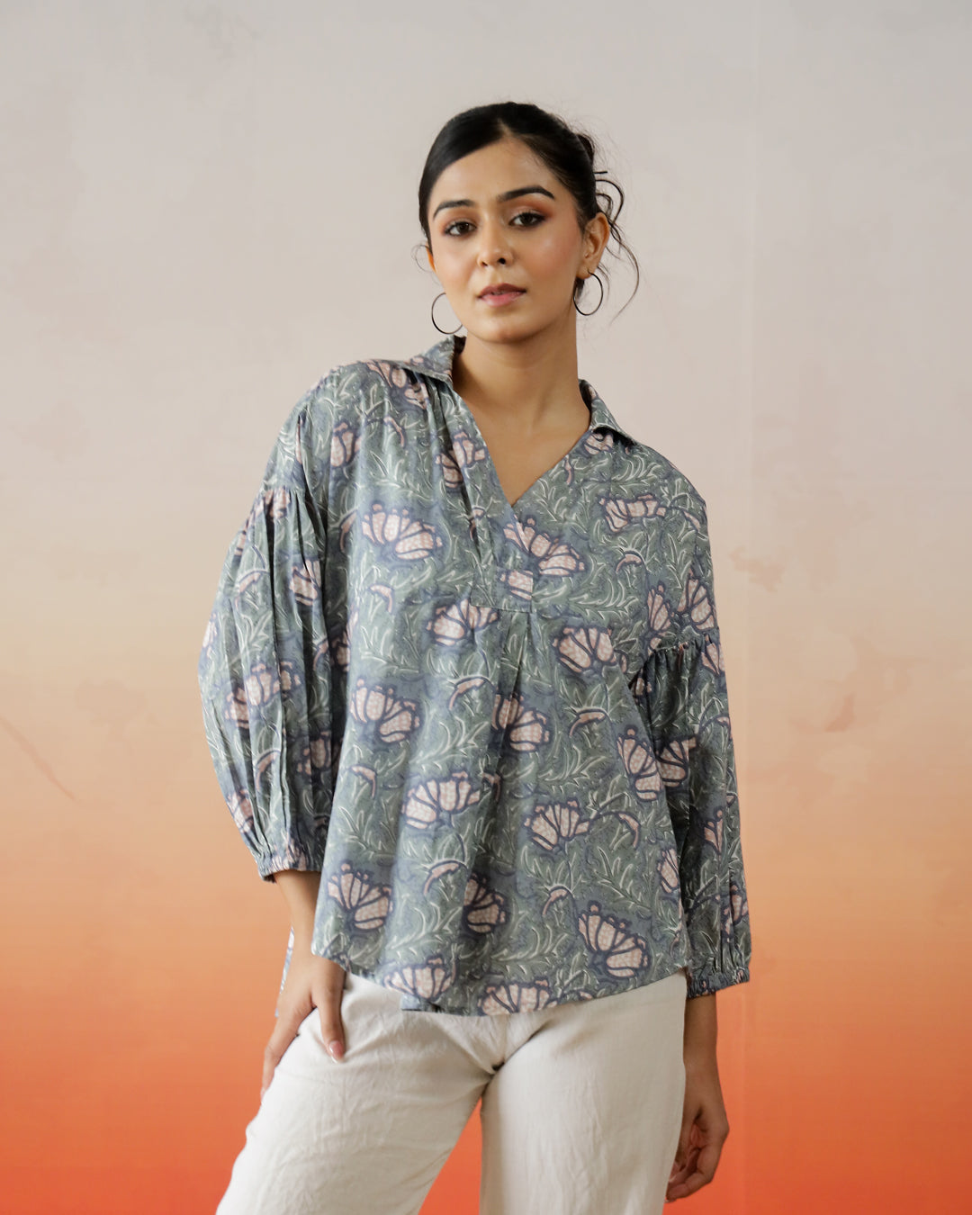 Printed Cotton Top With Shirt Collar