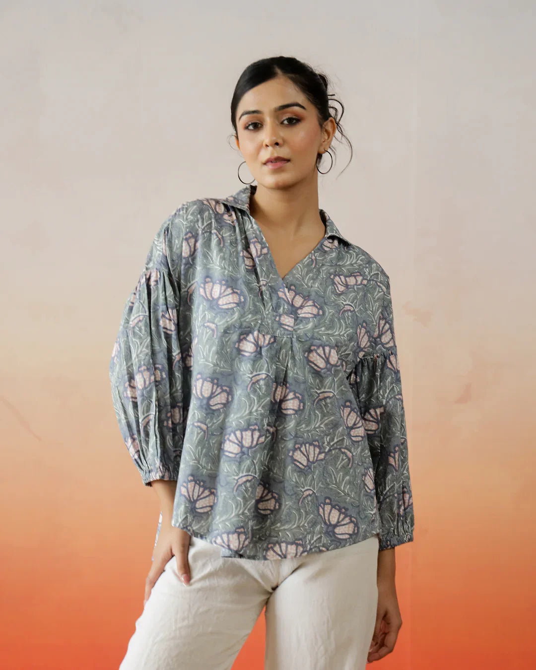 Printed Cotton Top With Shirt Collar - SanskrutiHomes