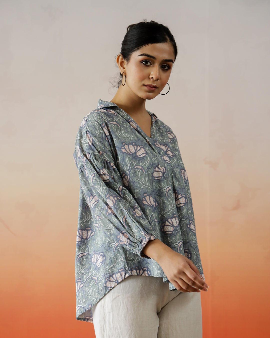 Printed Cotton Top With Shirt Collar