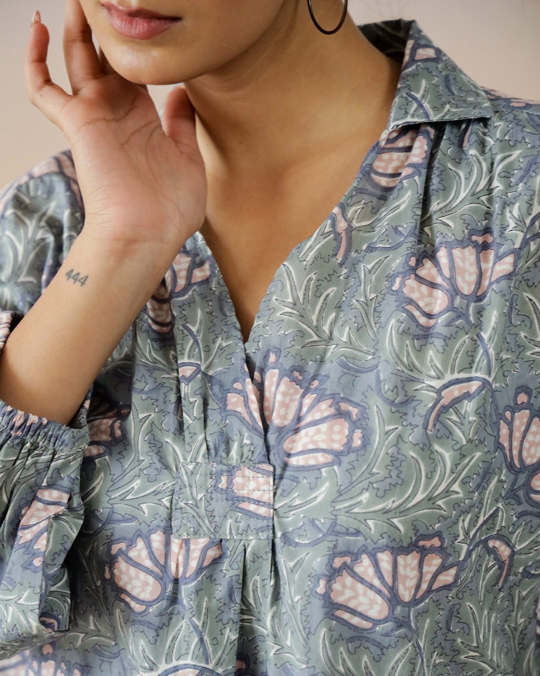 Printed Cotton Top With Shirt Collar