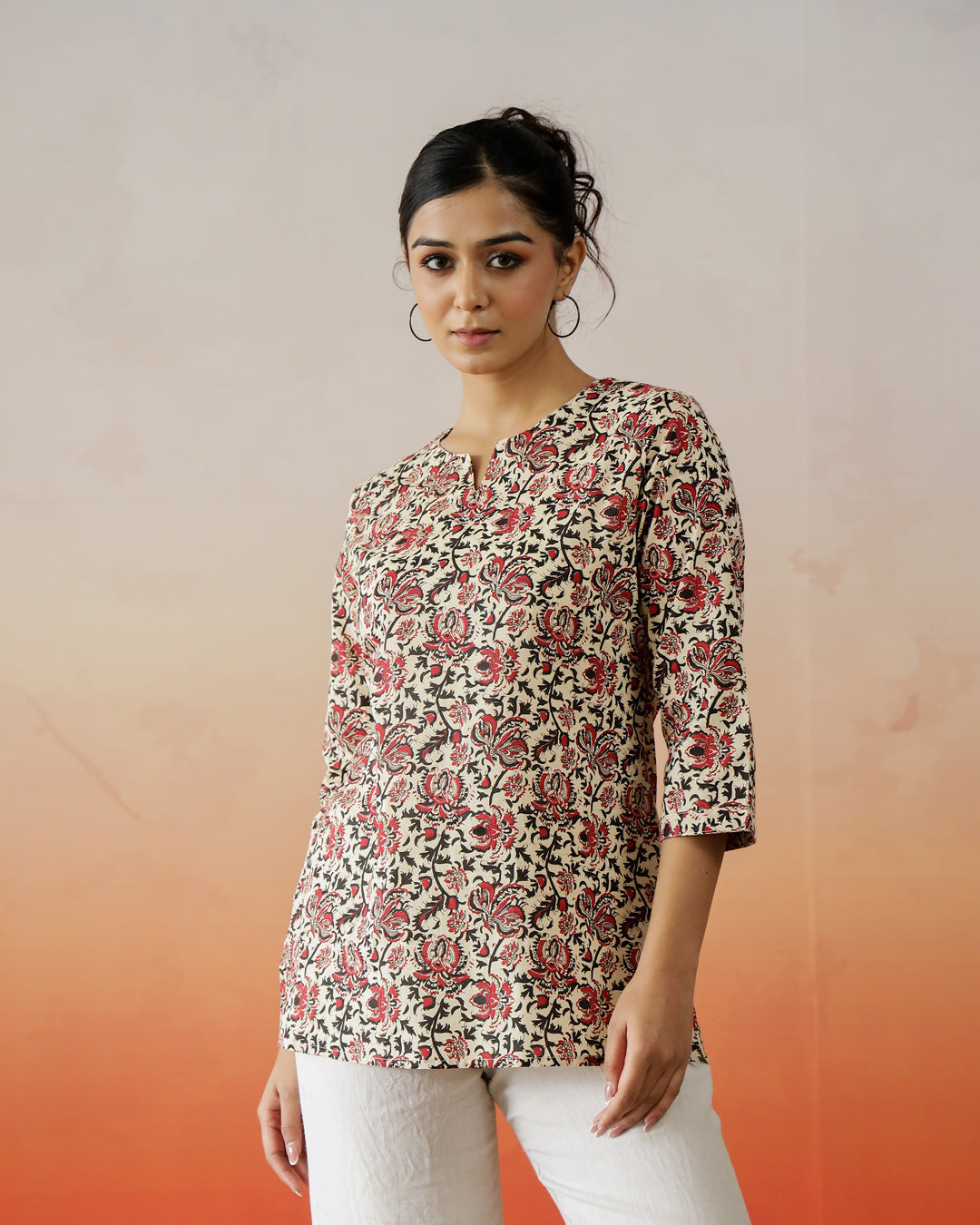 Brown Flower Printed Cotton Top