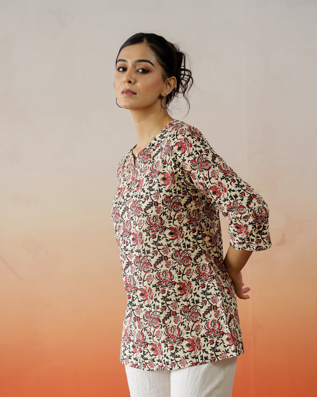 Brown Flower Printed Cotton Top