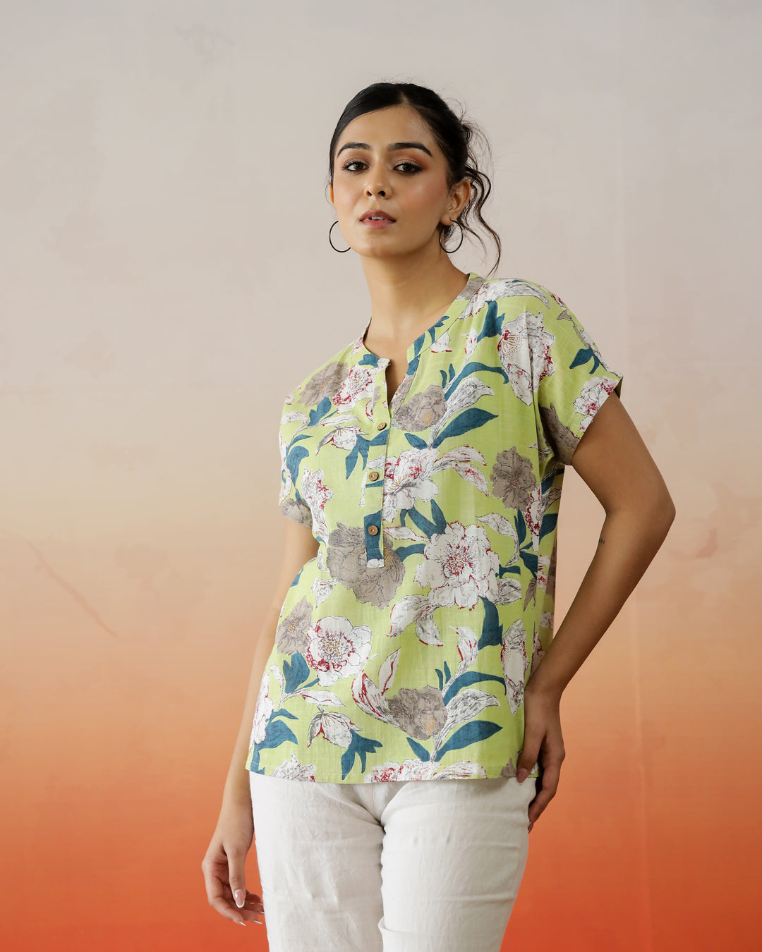 Green Flower Printed V-Neck Top