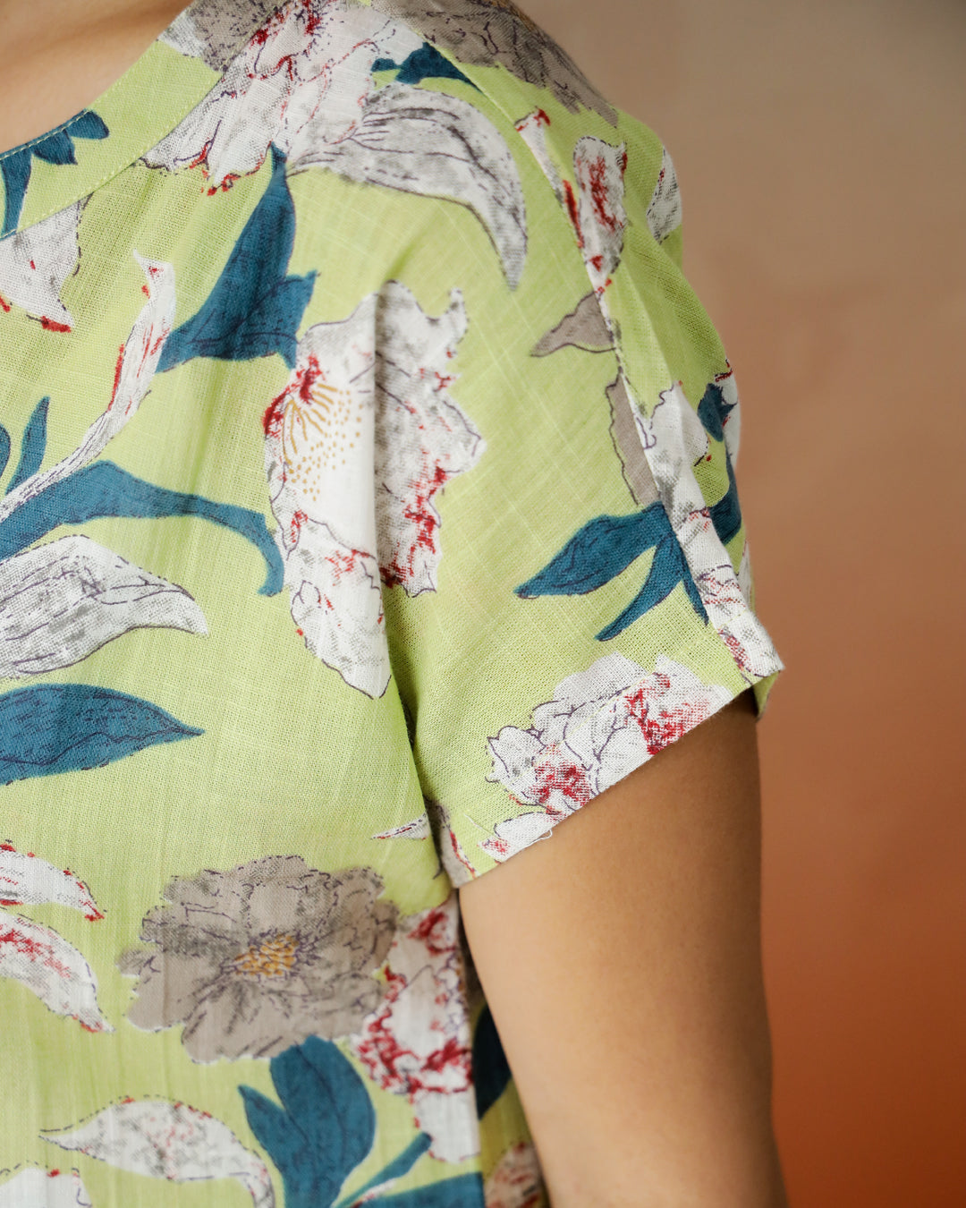 Green Flower Printed V-Neck Top