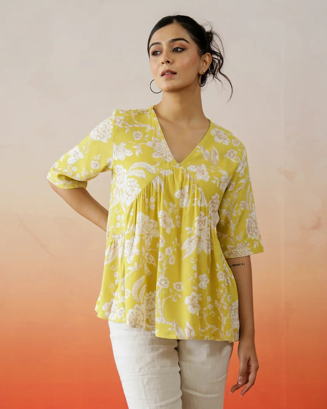 Yellow Flower Printed V-Neck Top - SanskrutiHomes