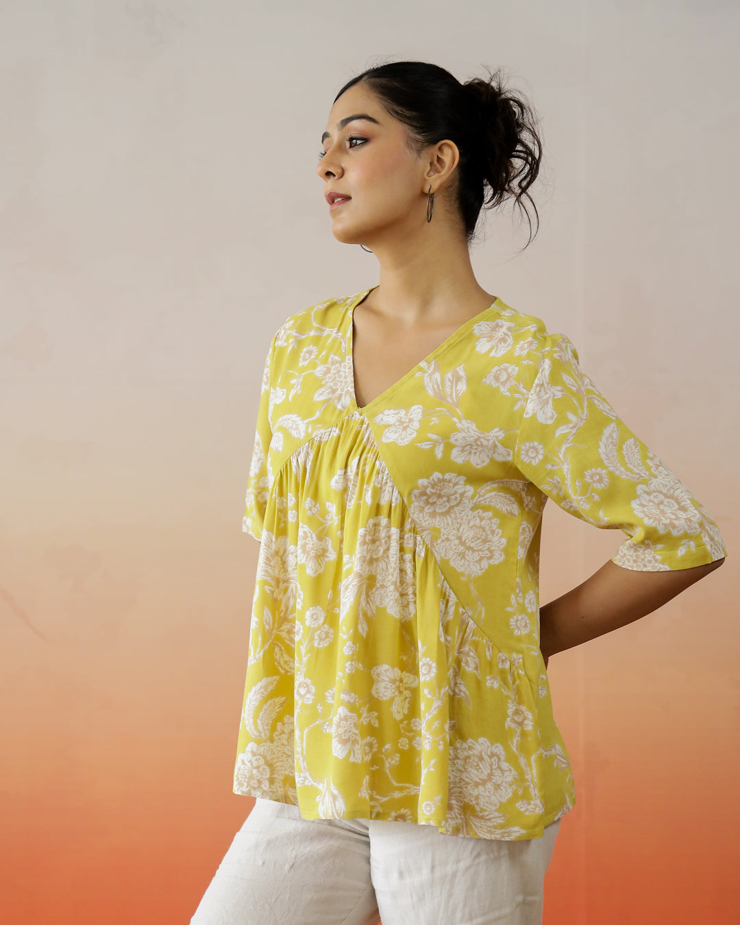 Yellow Flower Printed V-Neck Top