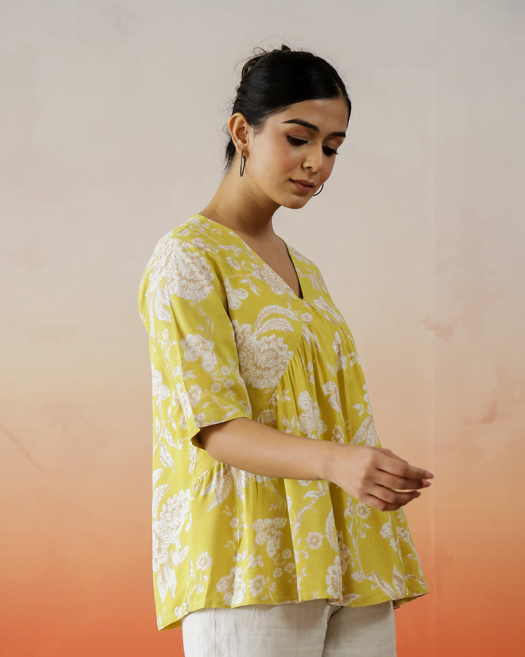 Yellow Flower Printed V-Neck Top