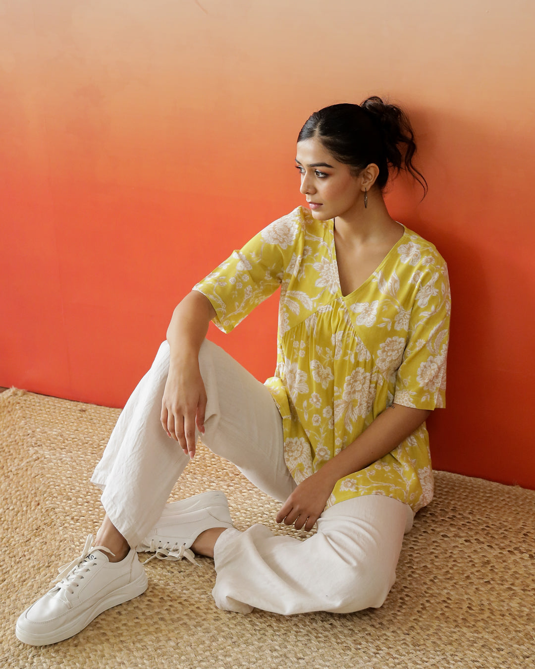 Yellow Flower Printed V-Neck Top