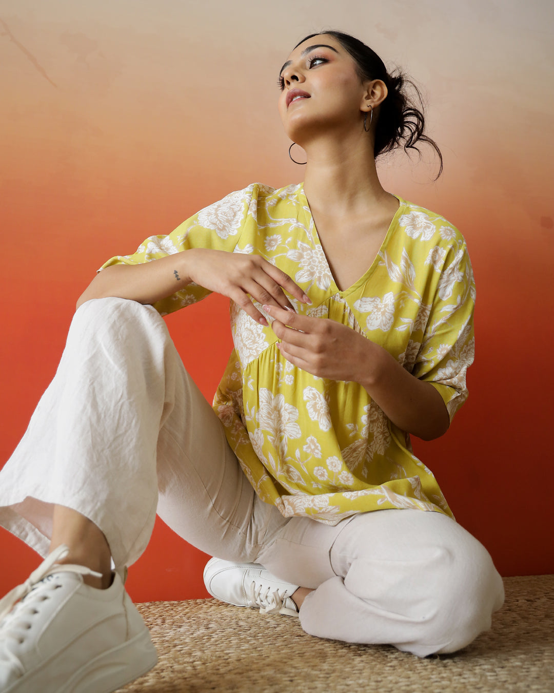 Yellow Flower Printed V-Neck Top