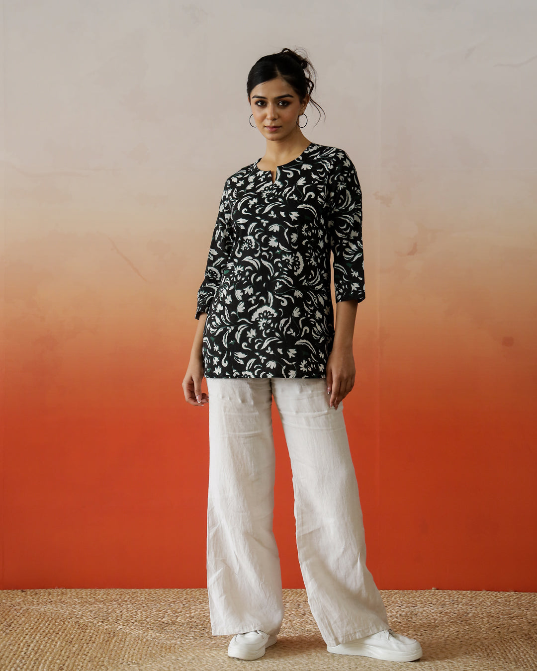 Black Floral Printed Round Neck Cotton Top for Women