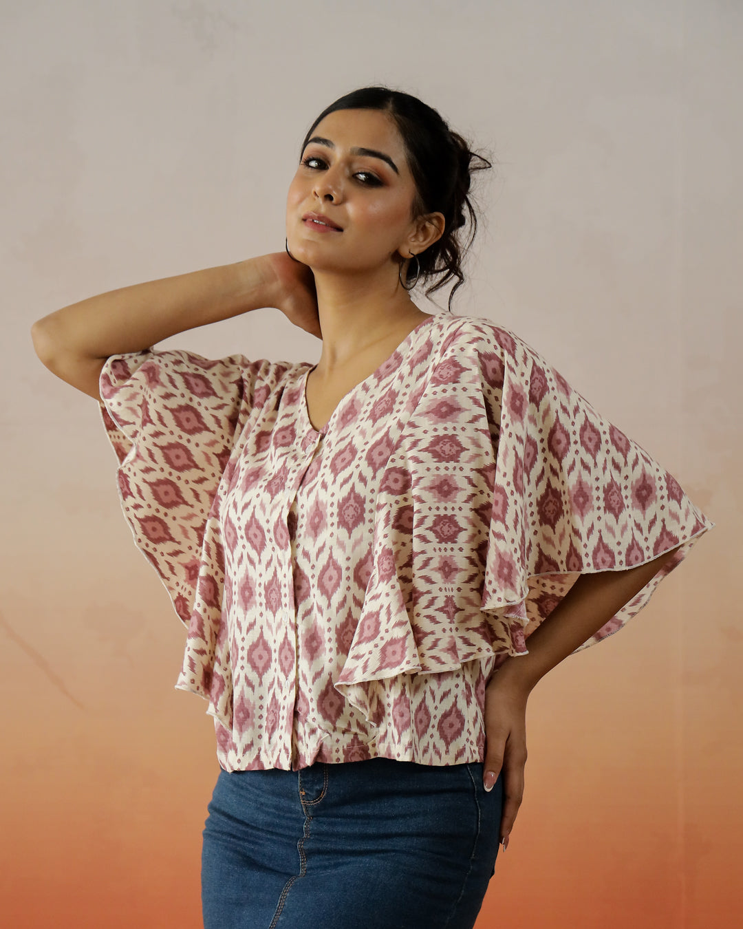 Cream Printed V-Neck Top For Women