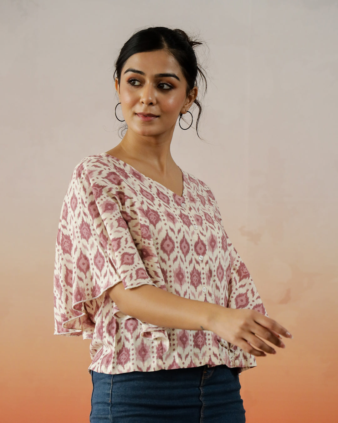 Cream Printed V-Neck Top For Women
