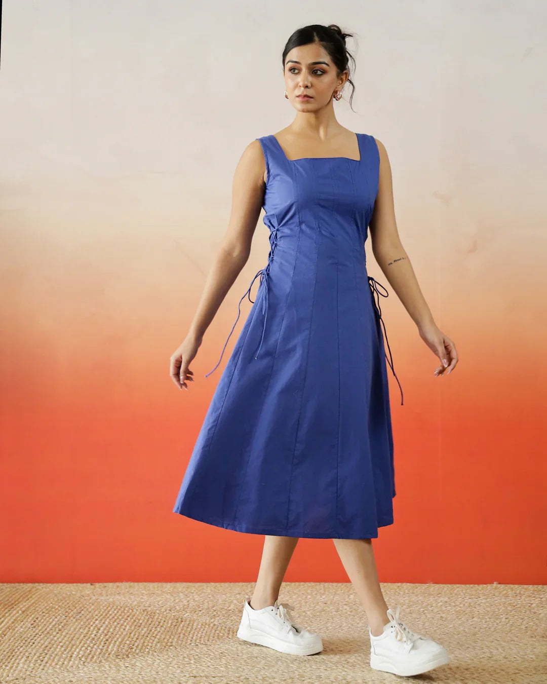 Blue Solid Print Cotton Dress for Women - SanskrutiHomes