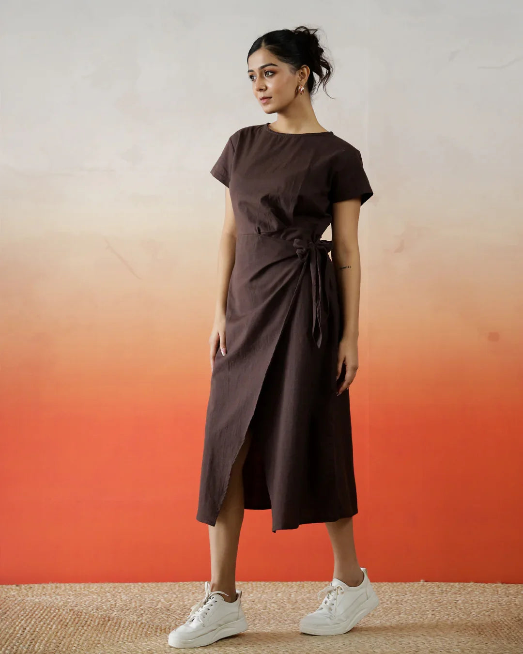 Brown Solid Print Cotton Dress for Women - SanskrutiHomes