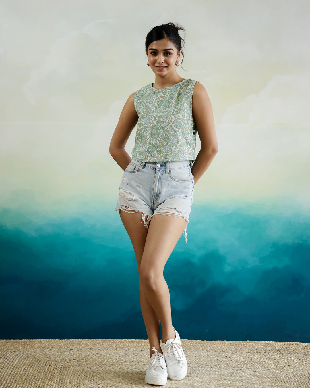 Green Printed Sleeveless Top for Women