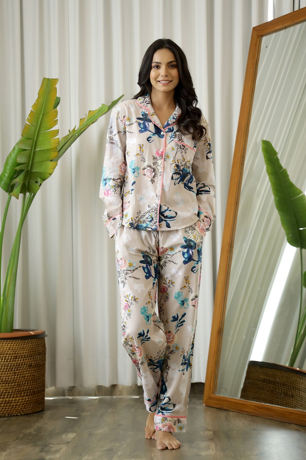 Pink Floral Print Lapel Collar Cotton Night Suit For Women