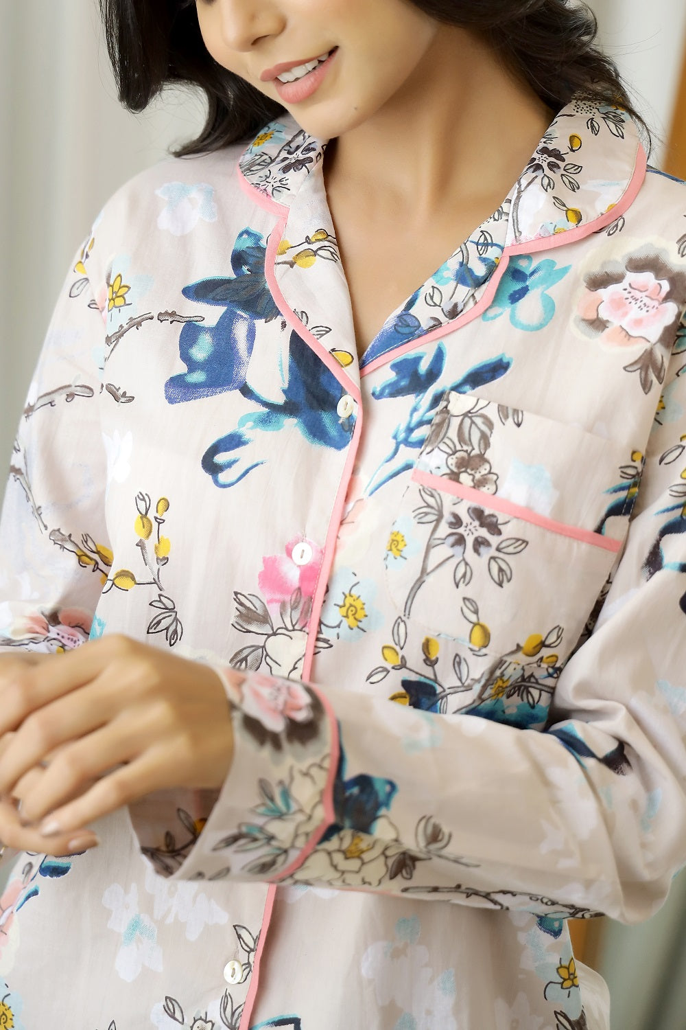 Pink Floral Print Lapel Collar Cotton Night Suit For Women
