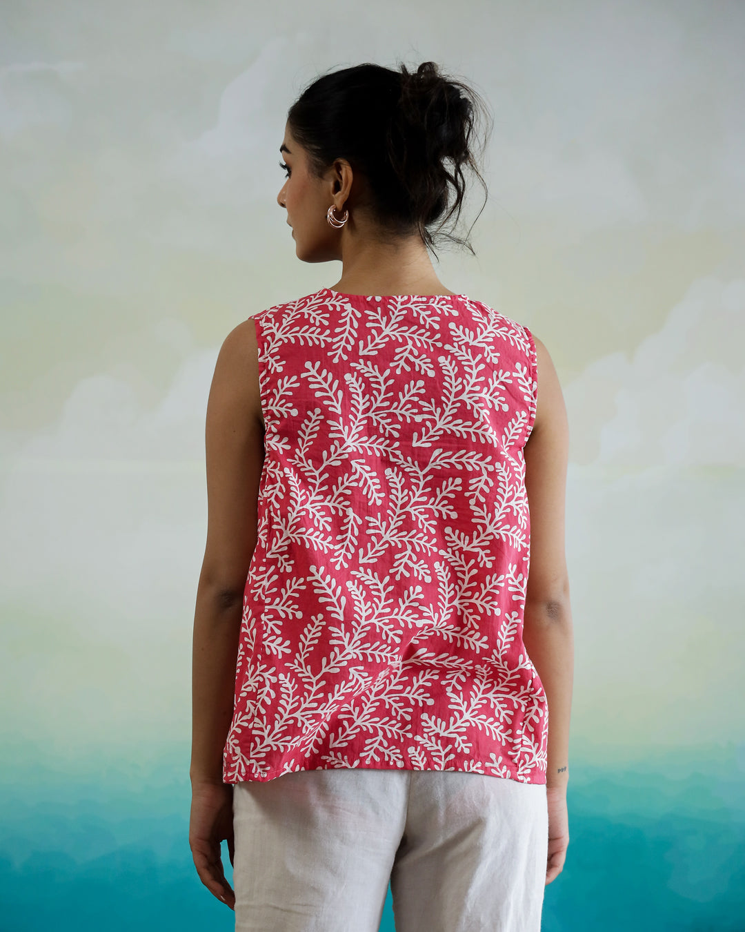 Leaf Printed Cotton Sleeveless Top