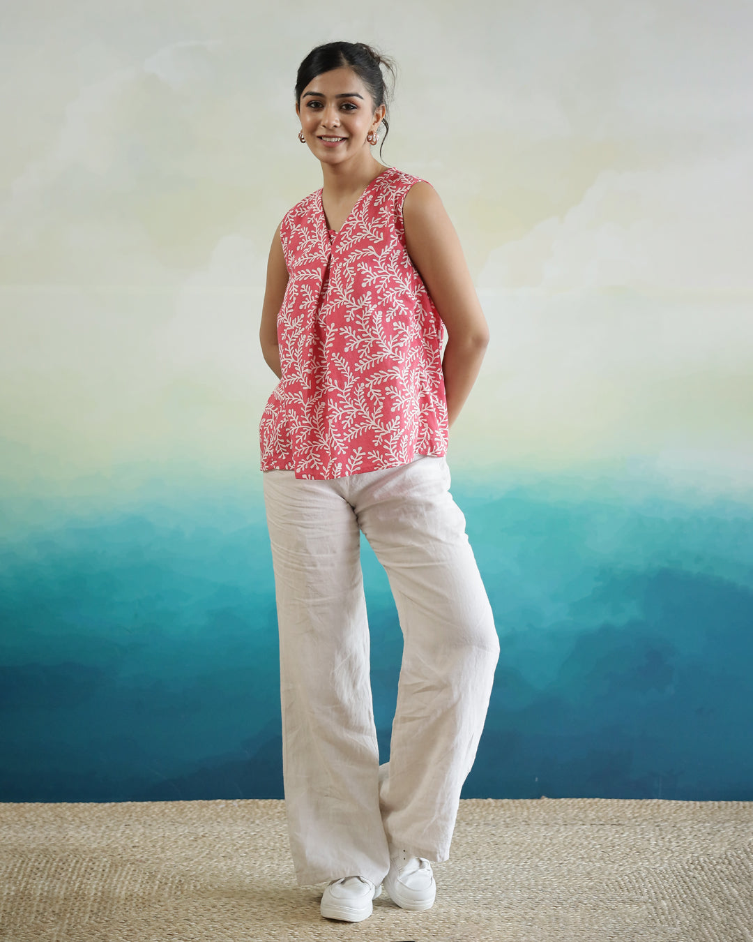 Leaf Printed Cotton Sleeveless Top