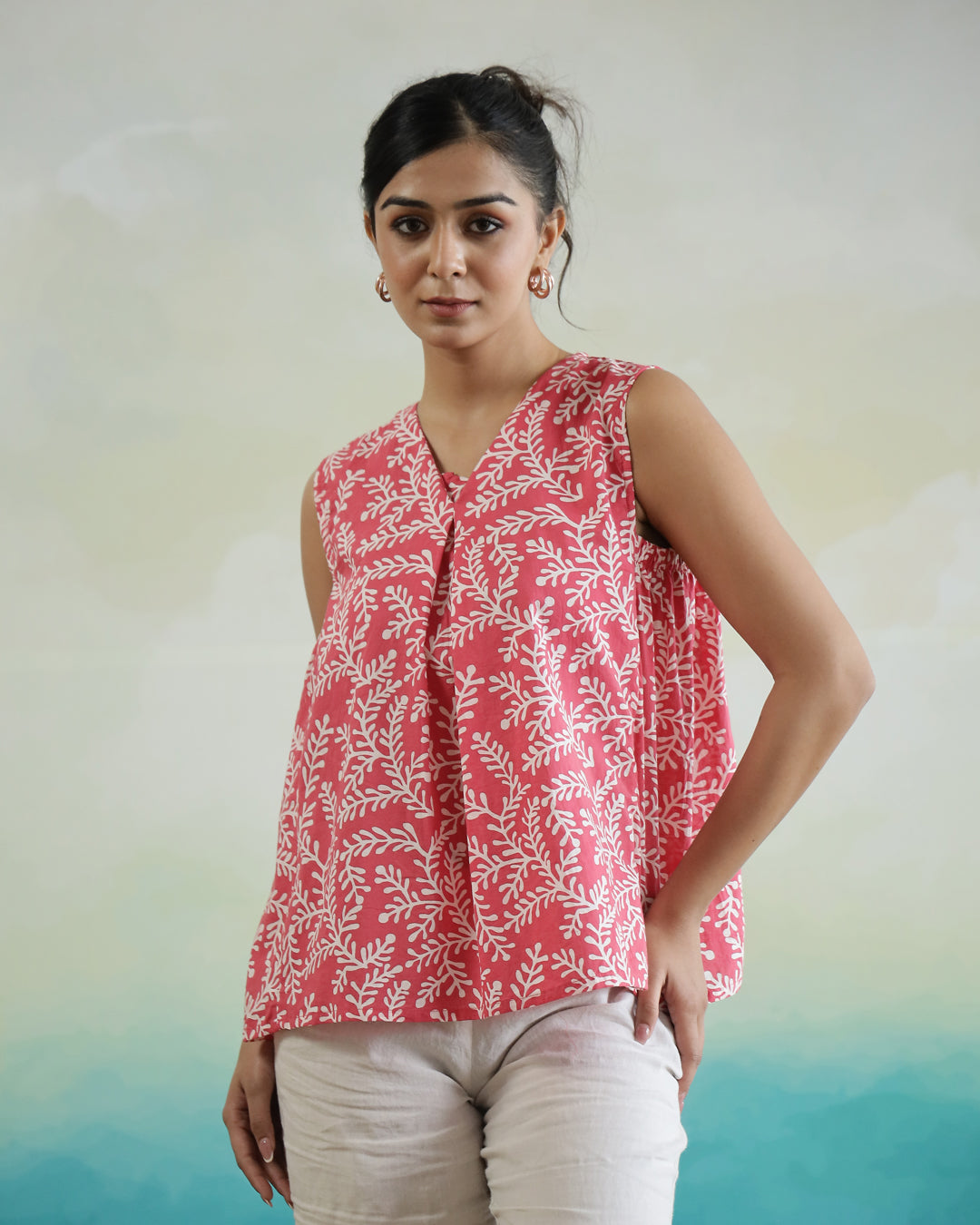 Leaf Printed Cotton Sleeveless Top