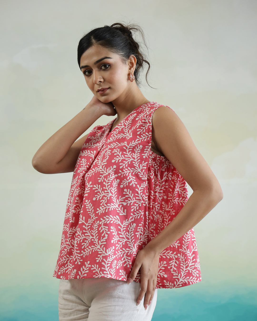 Leaf Printed Cotton Sleeveless Top
