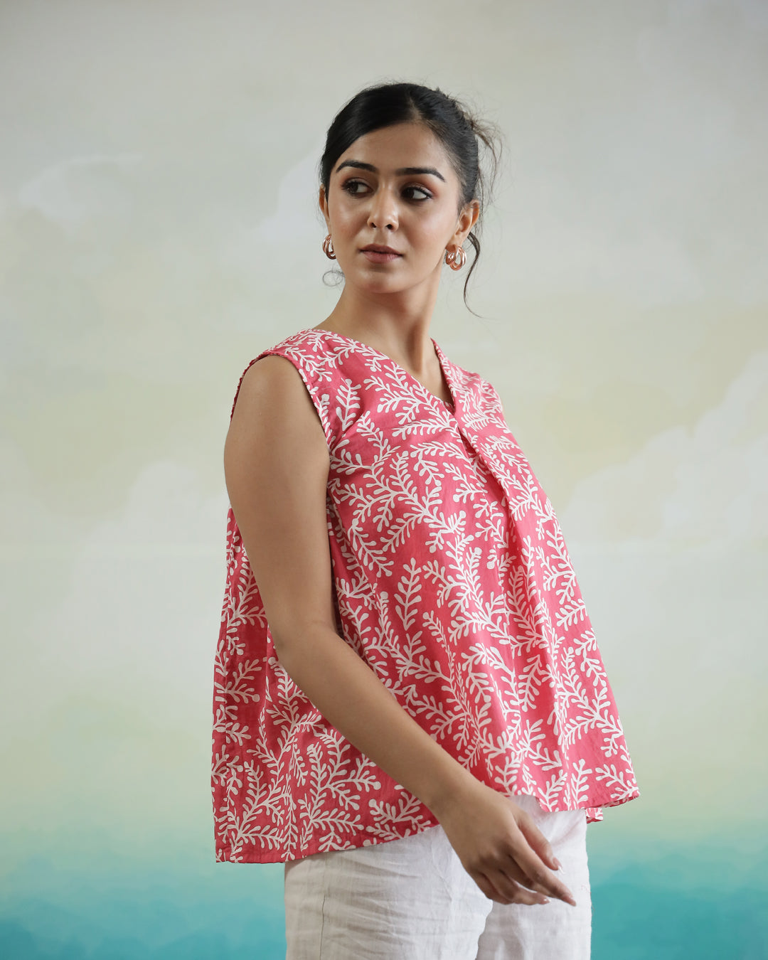 Leaf Printed Cotton Sleeveless Top