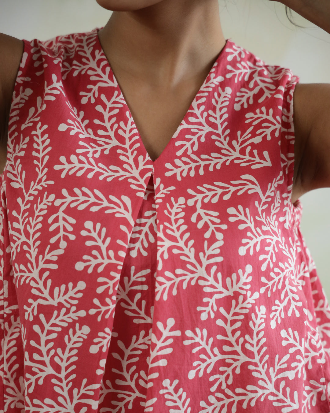 Leaf Printed Cotton Sleeveless Top