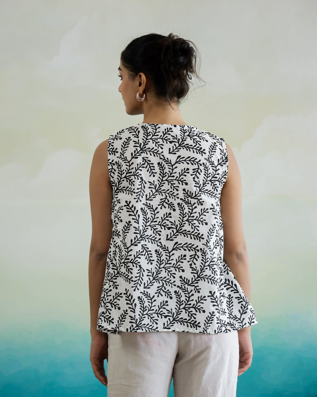 Leaf Printed Cotton Sleeveless Top