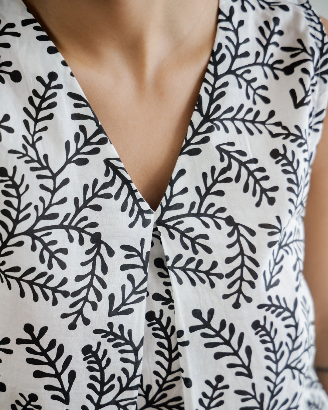 Leaf Printed Cotton Sleeveless Top
