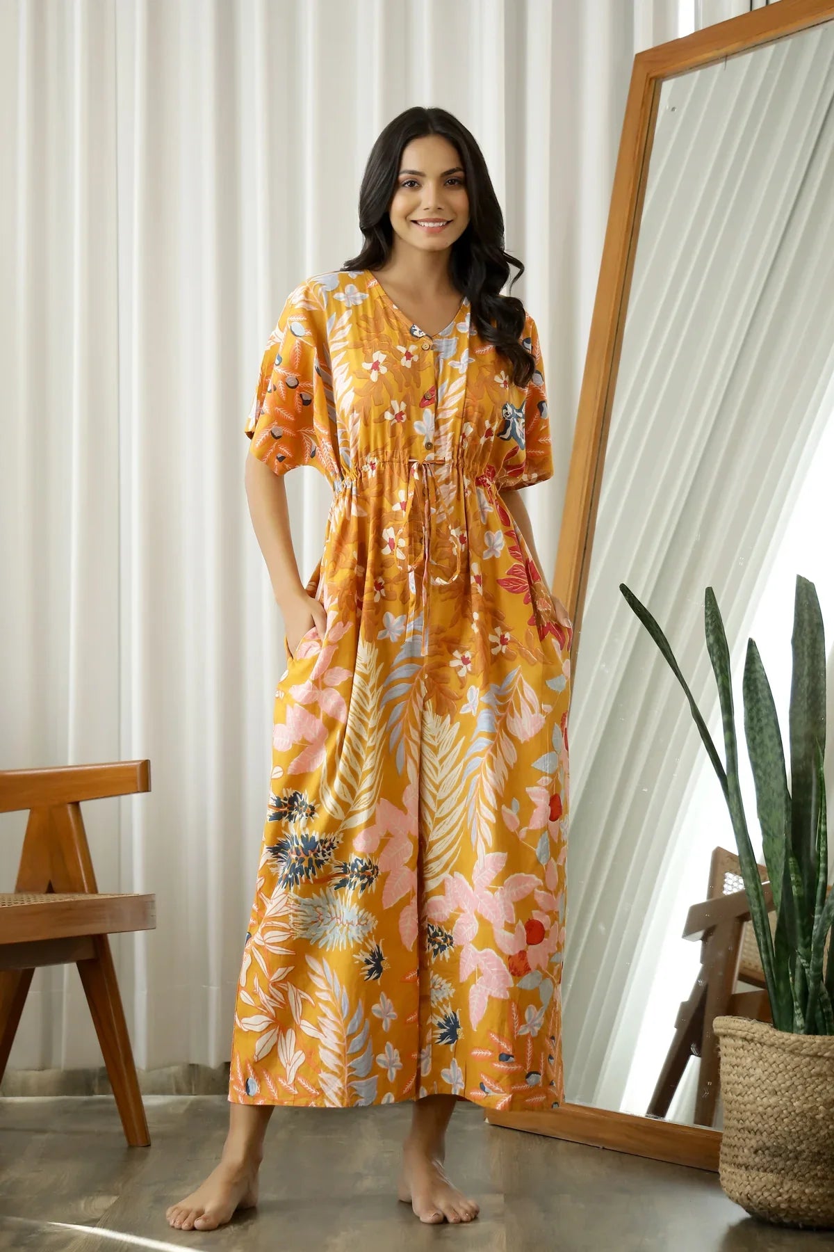 Orange Printed V-Neck Cotton Jump Suit For Women