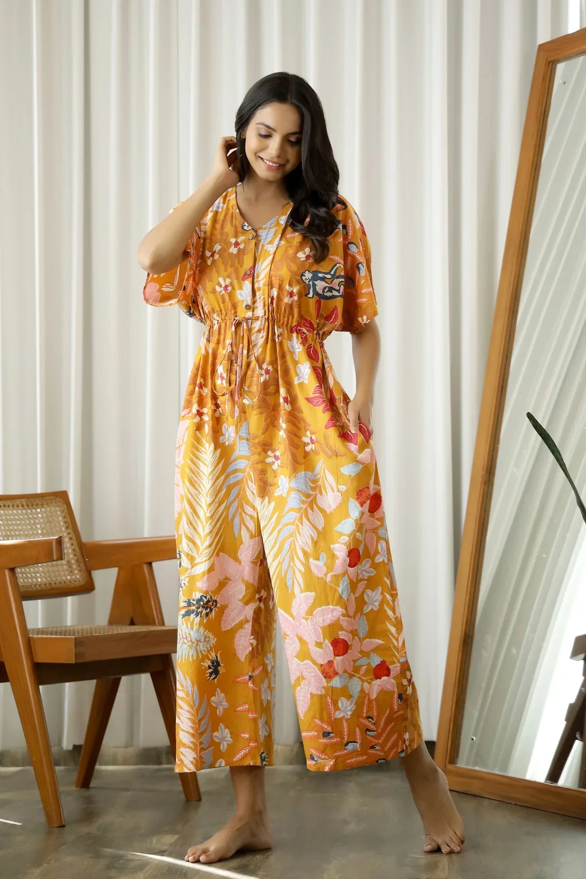 Orange Printed V-Neck Cotton Jump Suit For Women