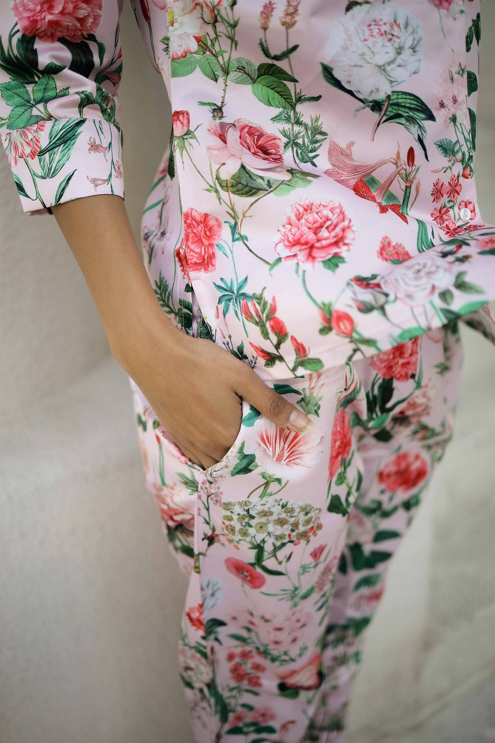 Pink Floral Printed Shirt Collar Satin Pyjama Night Suit For Women