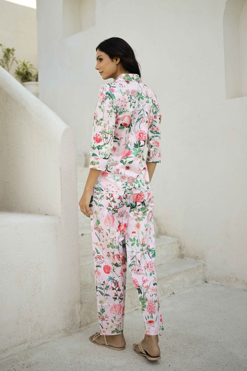 Pink Floral Printed Shirt Collar Satin Pyjama Night Suit For Women